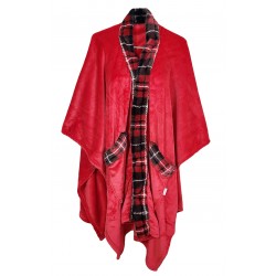 Vestaglia Poncho Mantella in pile donna Invernale bordo scozzese tartan rosso