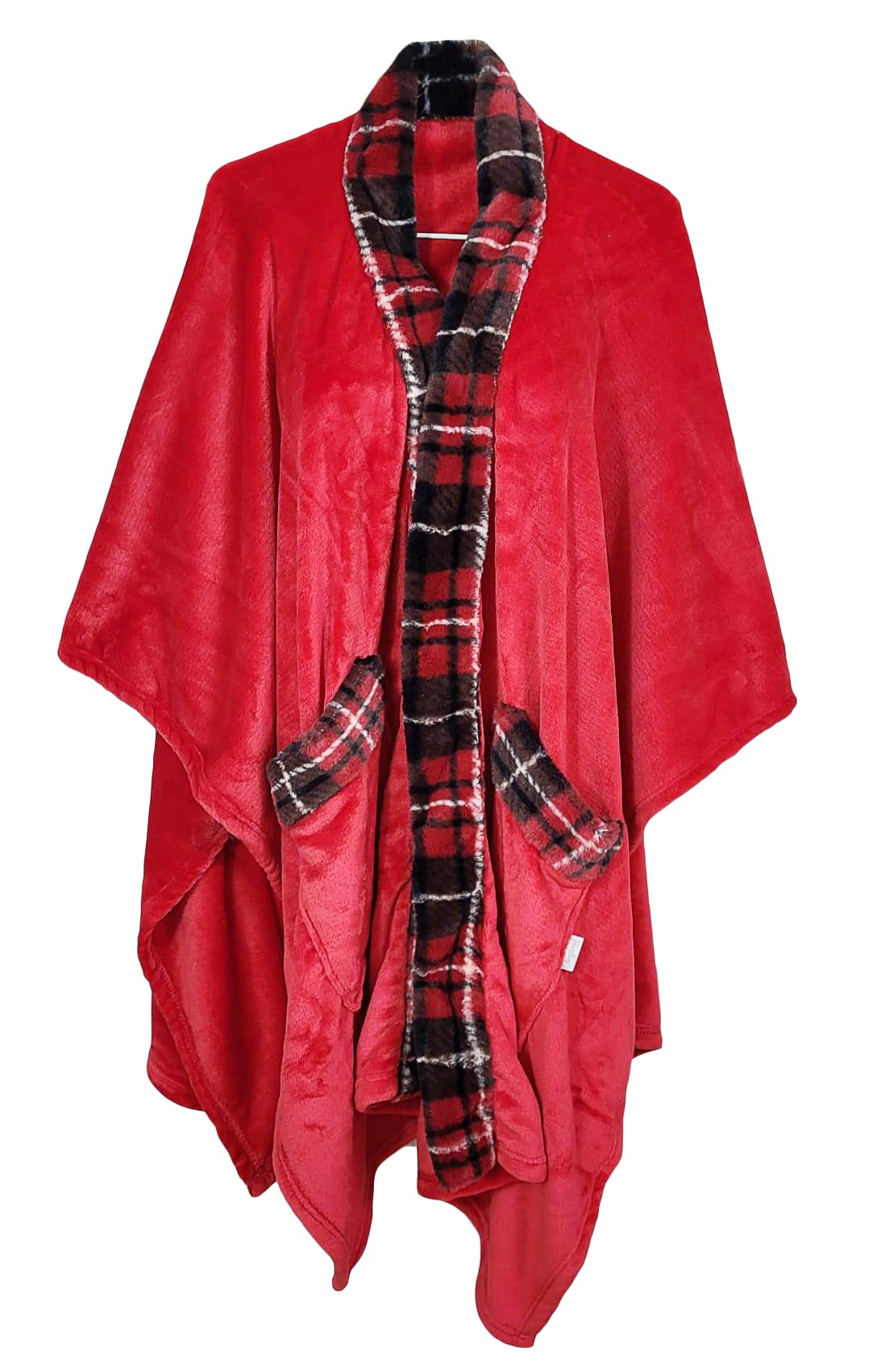 Vestaglia Poncho Mantella in pile donna Invernale bordo scozzese tartan  rosso - Dolce Casa Biancheria