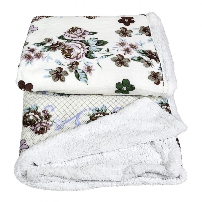 Coperta plaid in pile con agnellato KUVEE cm 130x160 singolo fiori panna -  Dolce Casa Biancheria