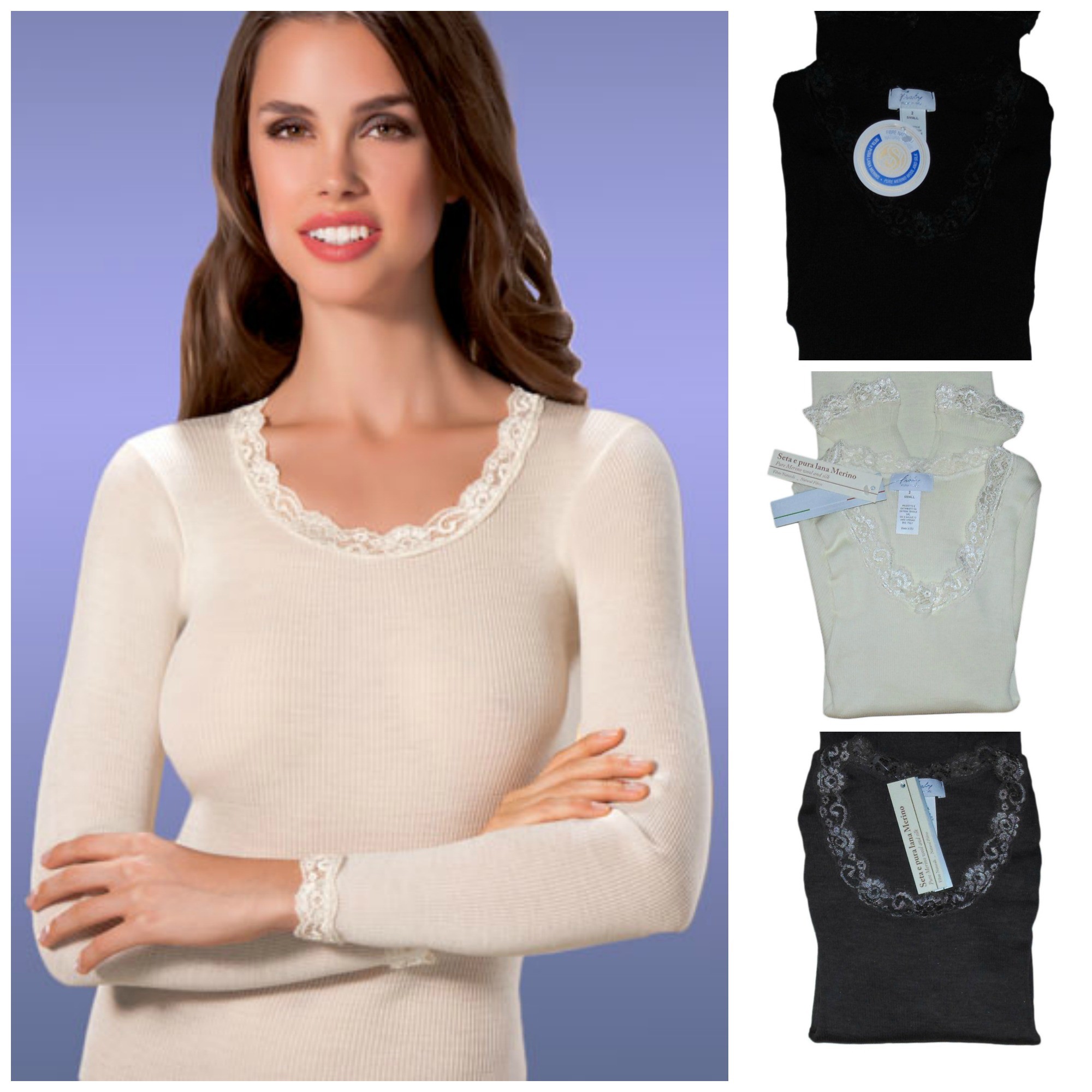 canotta maglia INTIMA donna FRALY manica lunga a costine LANA SETA nero avorio pizzo 6903 Dolce Casa Biancheria