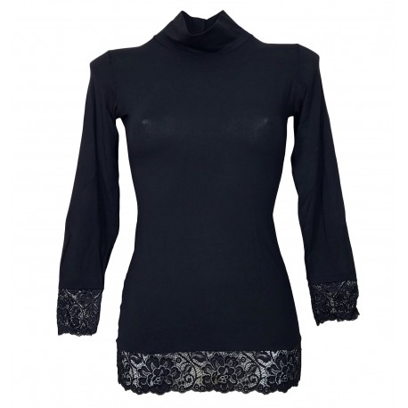 Maglia Lupetto manica lunga donna Sotto Giacca modal e pizzo Tramonte nero bordò