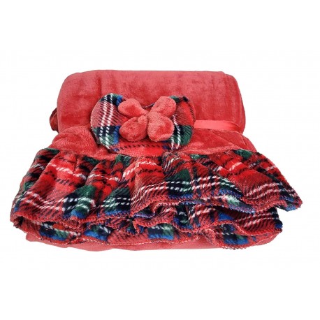 Coperta Plaid in pile Natale Idea Regalo Linea Oro 130x160 volant Tartan rosso