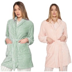 Vestaglia donna Invernale in pile coral bottoni e cintura Admas 57325 rosa verde