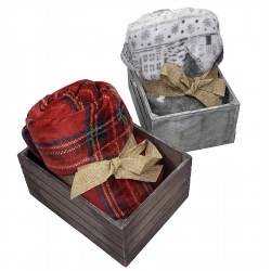 Coperta plaid pile coral 130x160 con cassetta in legno tartan scozzese fiocchi