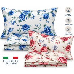 Completo Lenzuola Matrimoniale KARÌ Puro Cotone Floreale Rose